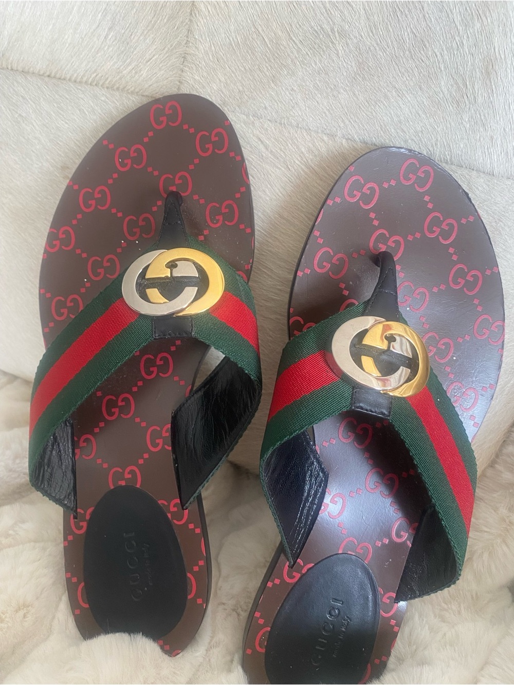 Gucci Brown Flip Flops with Red & Green Straps and Gold Double-G
